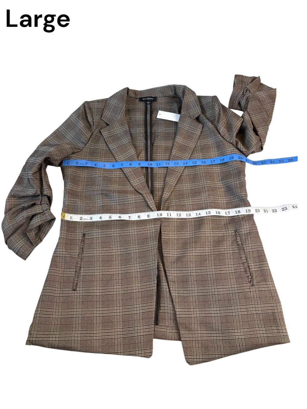 Studio Brown Plaid 3/4 Sleeve Ruched Blazer Sm Med Lg - Picture 12 of 16